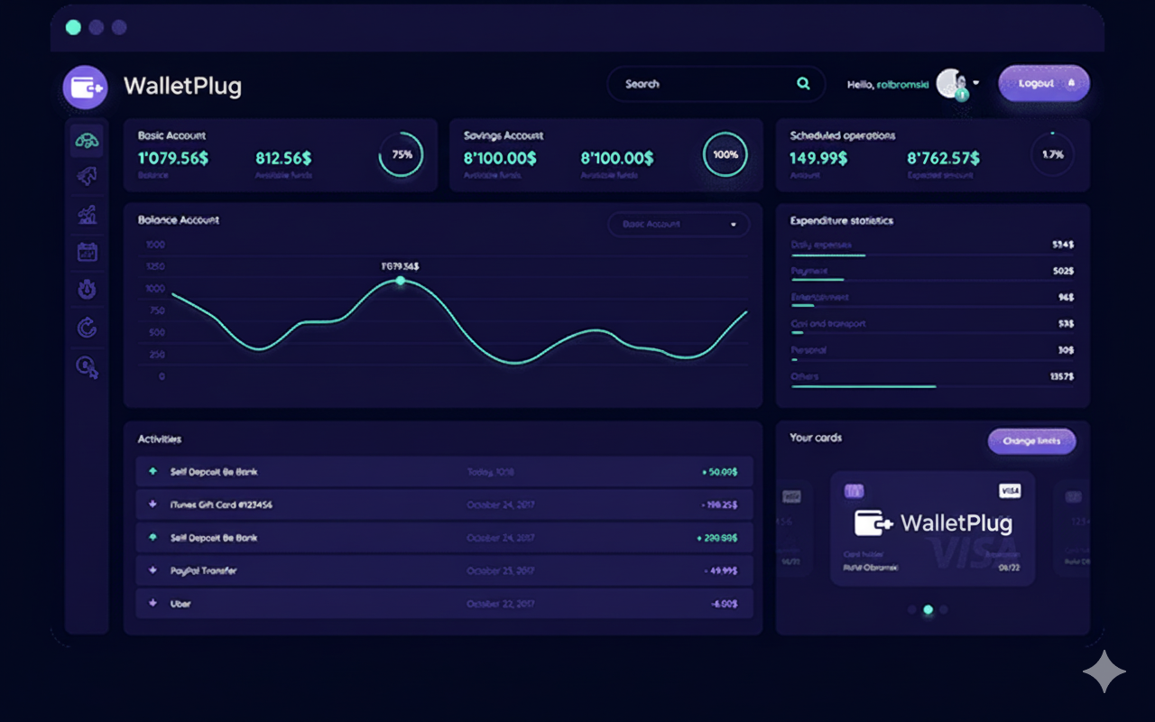 WalletPlug dashboard showing wallets, cards and transactions